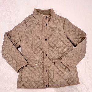 Lucky Brand quilted fitted tan jacket size Large zipper w/snap buttons, pockets